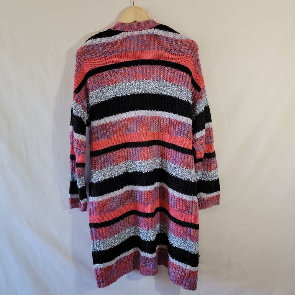 Women's Multicolored Striped Open Front Duster Cardigan L Boho Minimalist Pocket - Picture 2 of 11